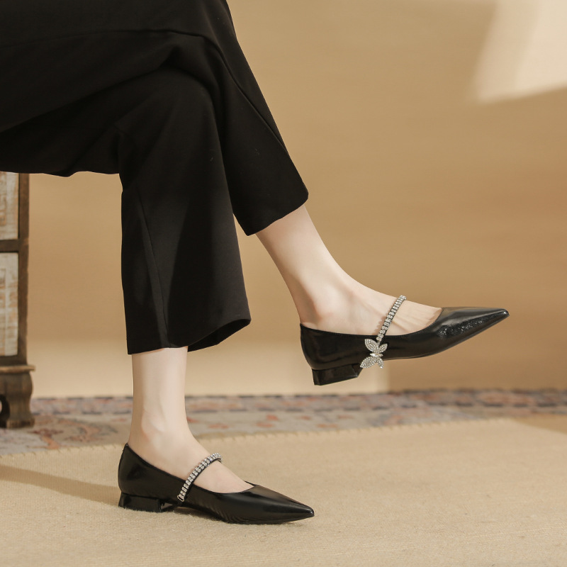 Rhinestone sheepskin flattie pointed bow shoes for women