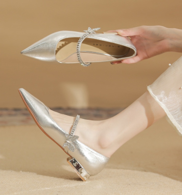 Rhinestone sheepskin flattie pointed bow shoes for women