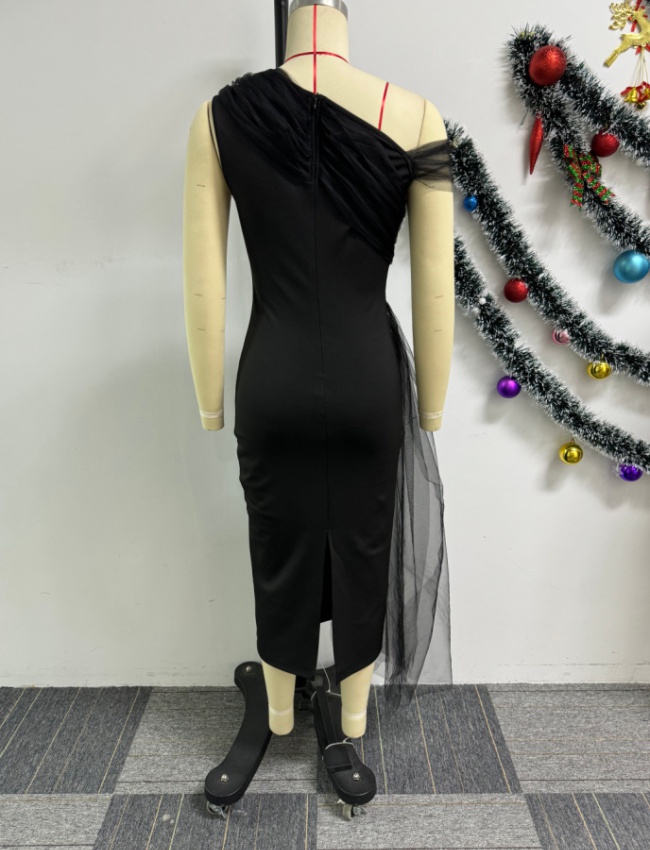Elasticity European style splice sloping shoulder dress