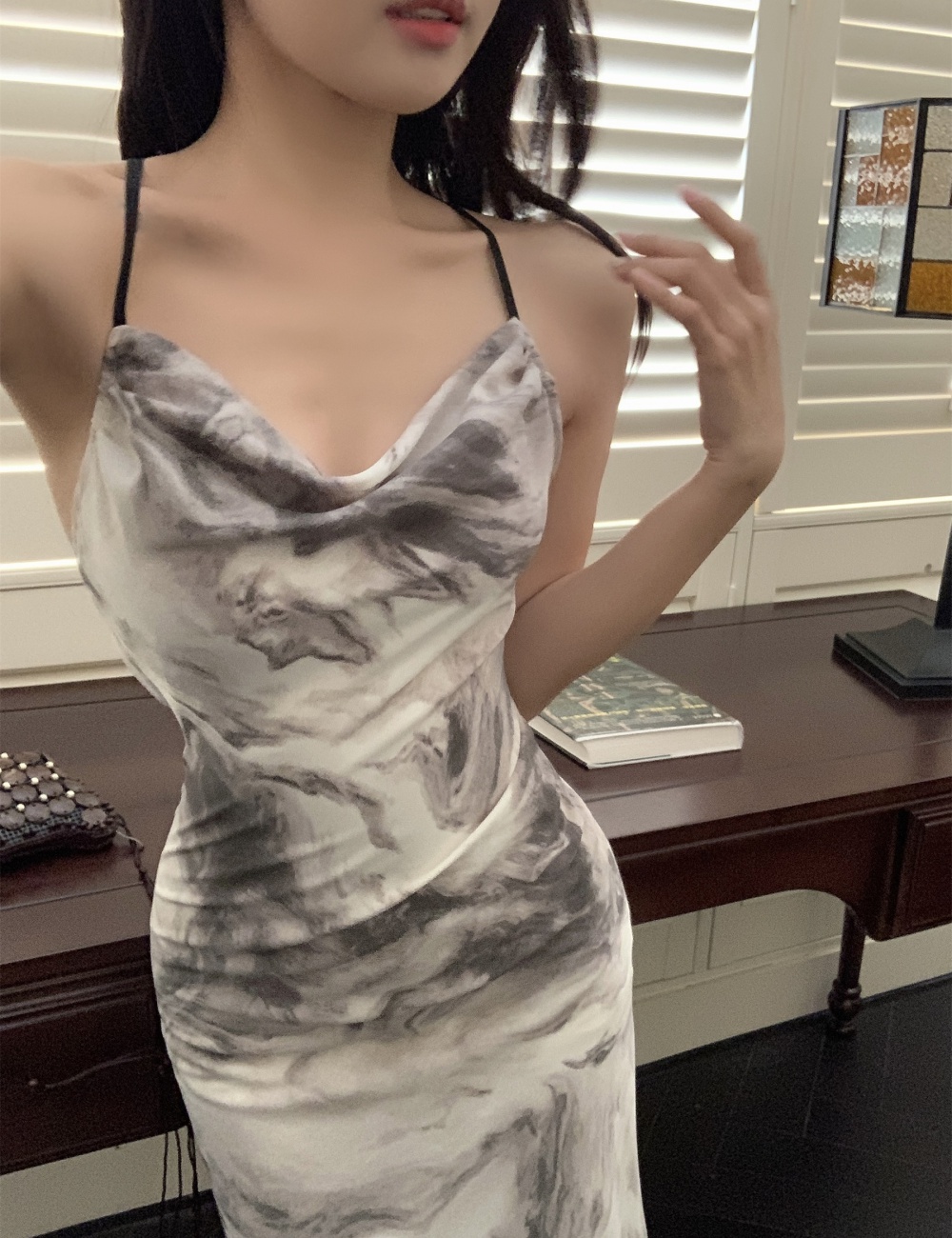 Temperament sling Chinese style long halter ink dress