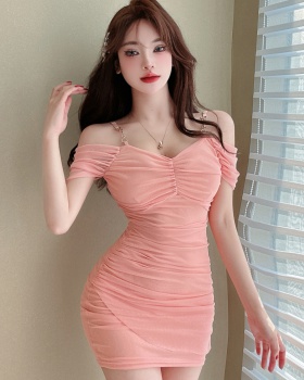 Sexy bottoming fold pinched waist package hip gauze dress