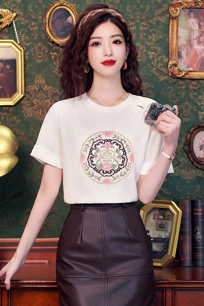 Embroidery hollow tops national style unique T-shirt for women