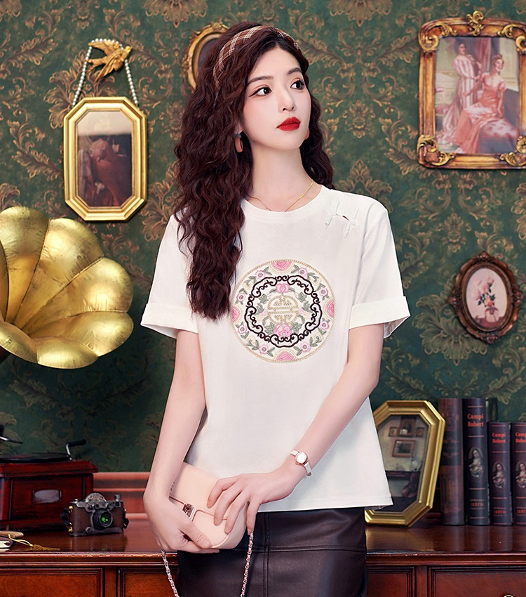 Embroidery hollow tops national style unique T-shirt for women