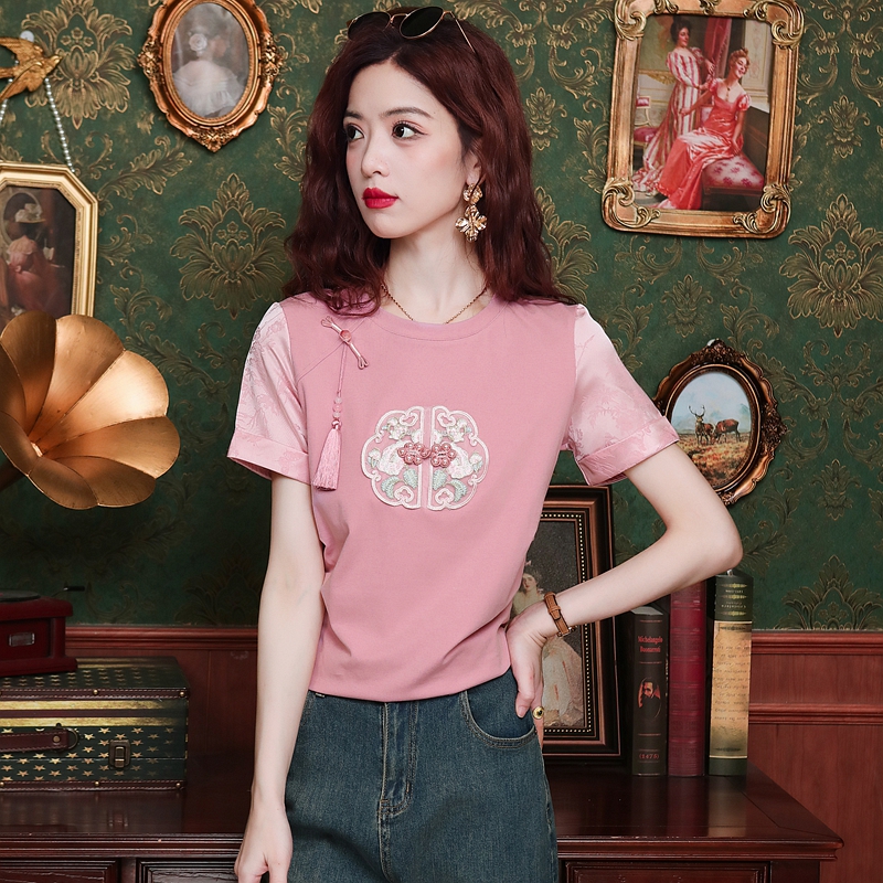 Summer pearl tops Western style slim T-shirt for women