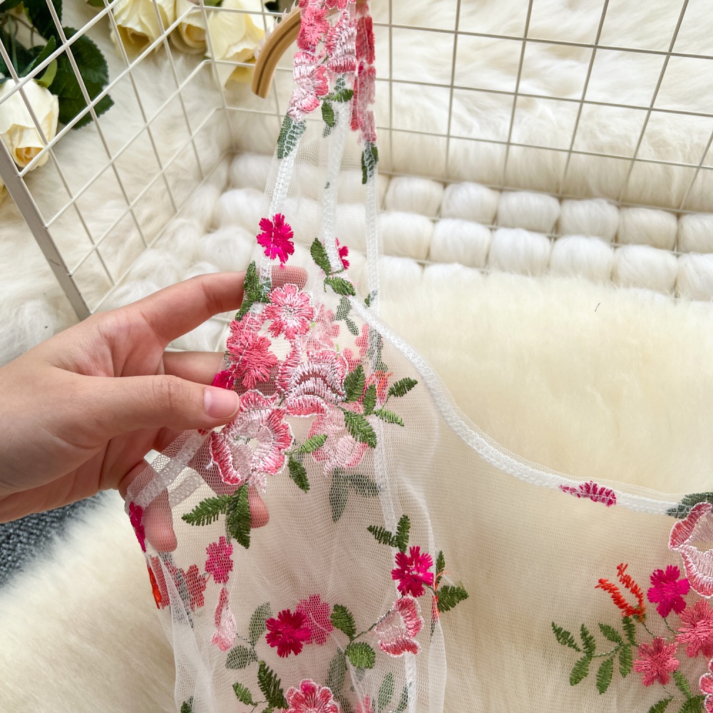 Embroidered split gauze dress long sling all-match vest