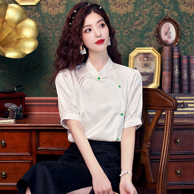 Real silk cheongsam short sleeve chiffon shirt for women