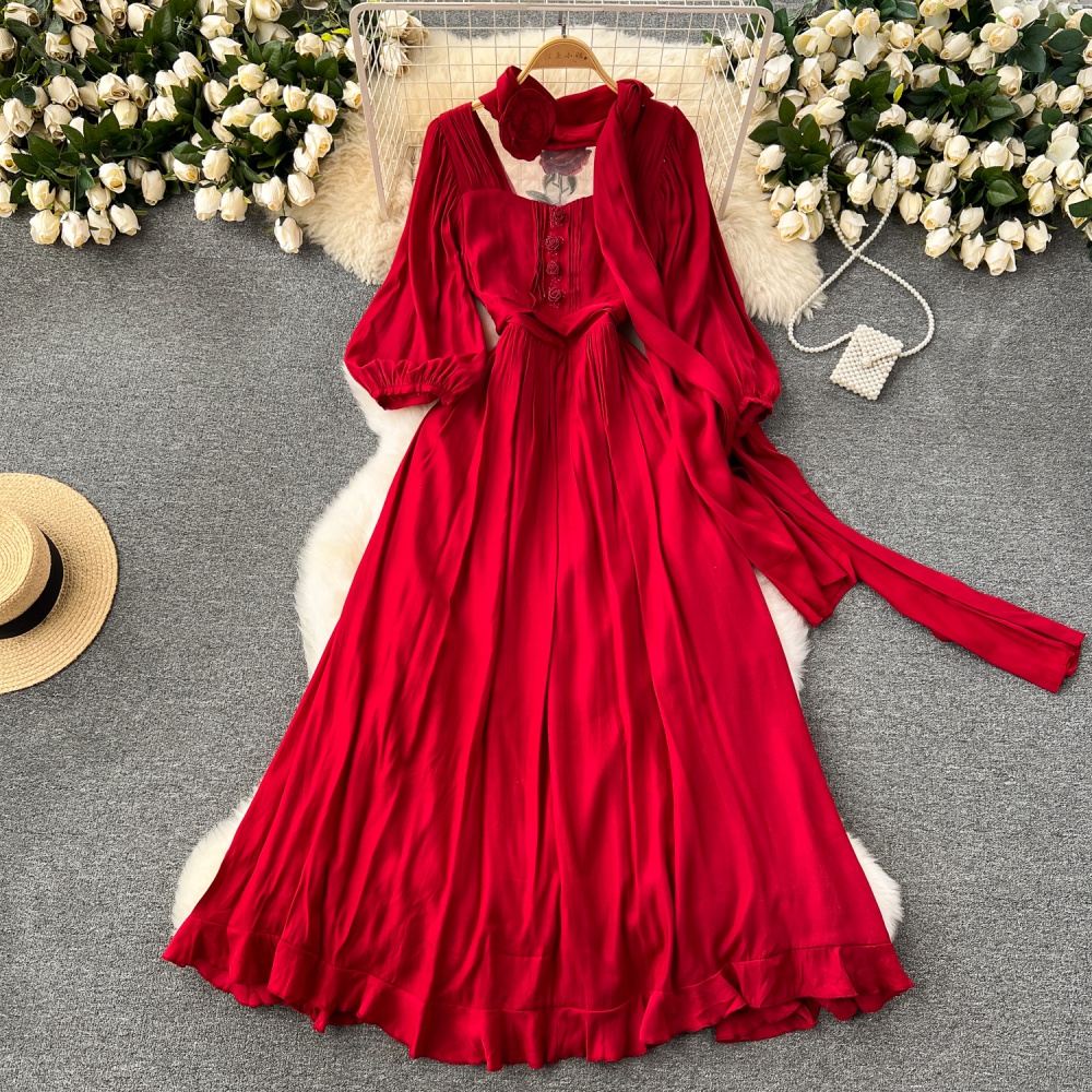 Slim red embroidery retro rose vacation halter long dress