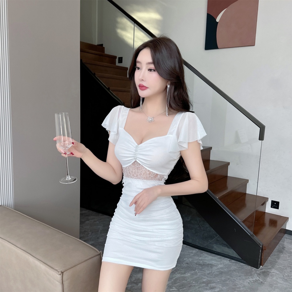 Package hip bottoming hollow gauze boats sleeve short dress
