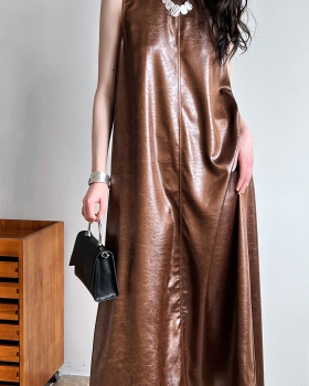 Drape A-line dress glossy leatherette sleeveless dress