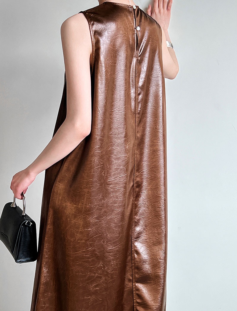 Drape A-line dress glossy leatherette sleeveless dress