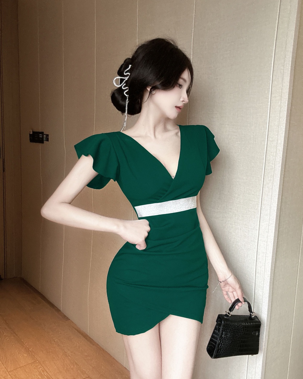 Boats sleeve short sexy package hip low-cut dress