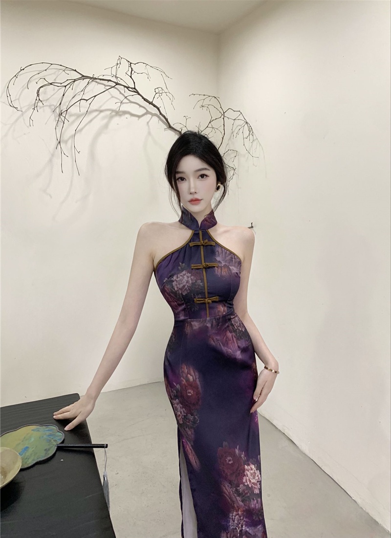 Halter slim long dress Chinese style retro cheongsam