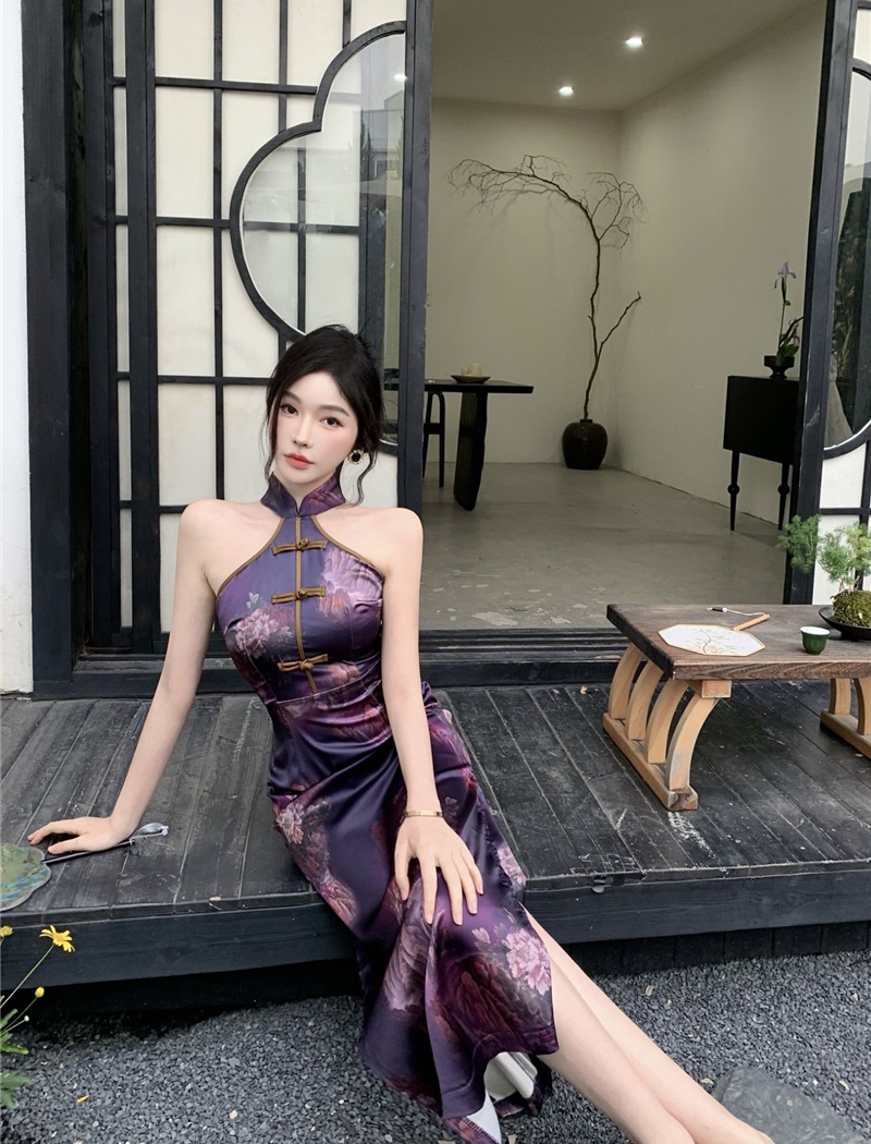 Halter slim long dress Chinese style retro cheongsam