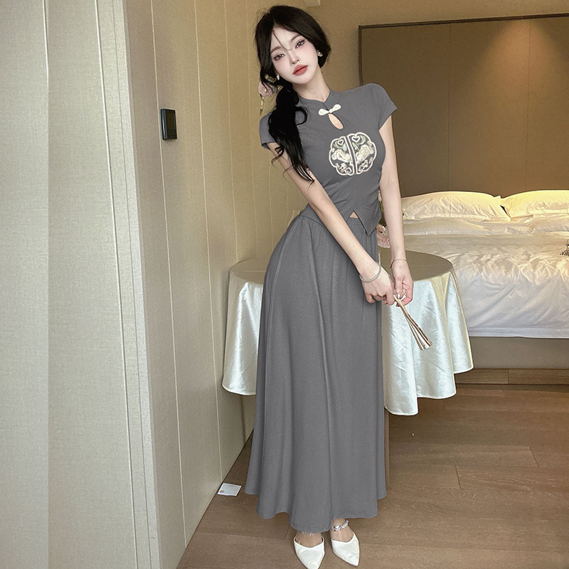 High waist tops Chinese style skirt 2pcs set for women