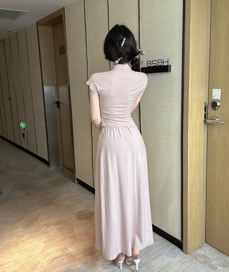 High waist tops Chinese style skirt 2pcs set for women