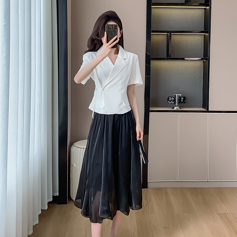 Chinese style irregular drape tops short sleeve slim skirt