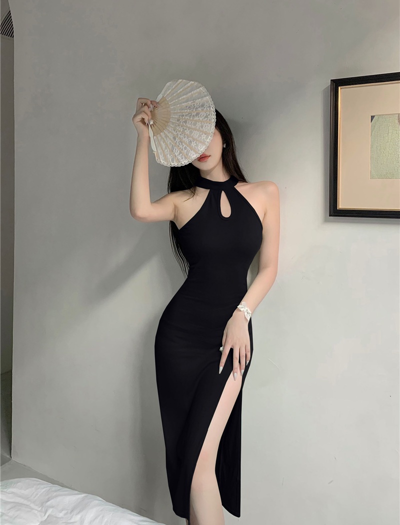 Split halter sexy long dress sleeveless retro dress