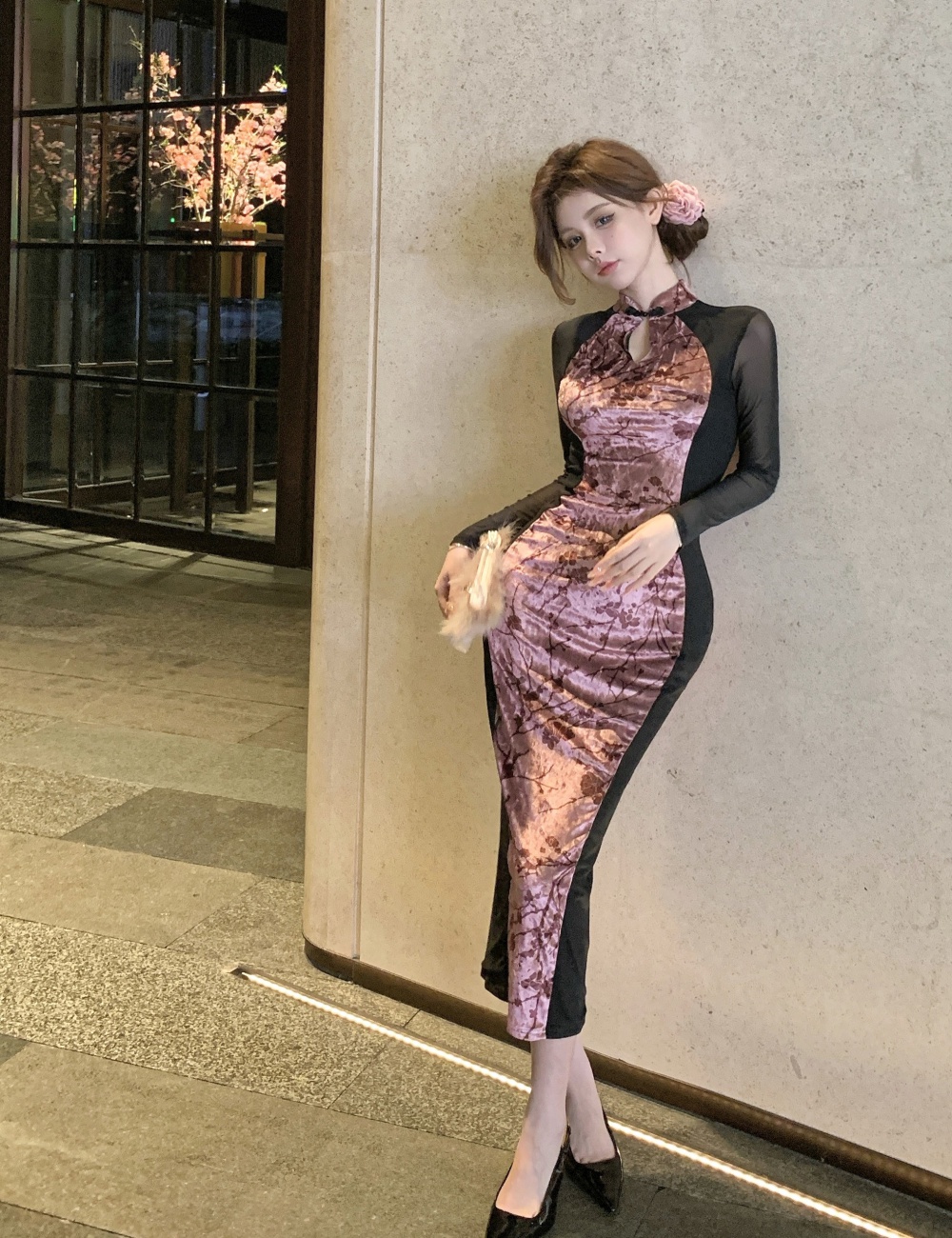 Sexy spicegirl long sleeve cheongsam velvet splice dress