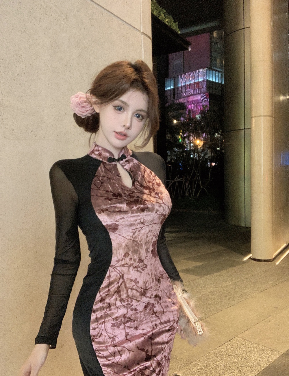 Sexy spicegirl long sleeve cheongsam velvet splice dress