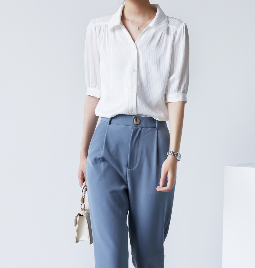 Thin slim drape shirt white short sleeve tops for women