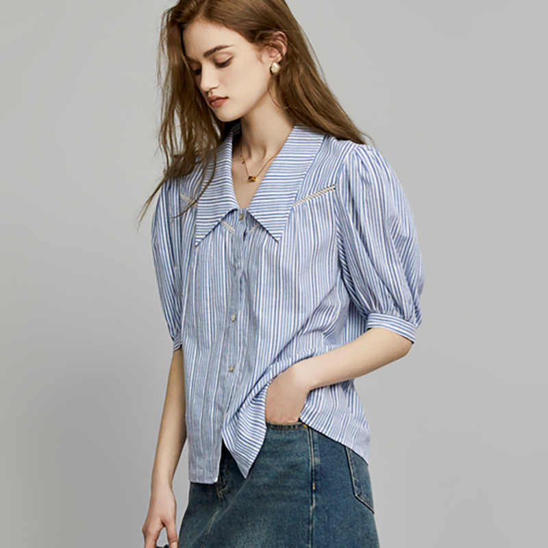 Summer puff sleeve fashion shirt simple blue tops for women
