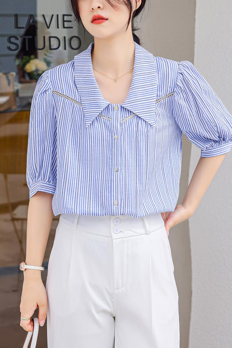 Summer puff sleeve fashion shirt simple blue tops for women