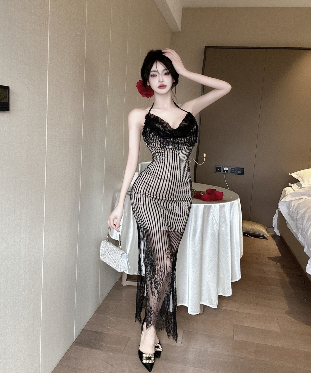 Lace sling sexy perspective long bottoming dress