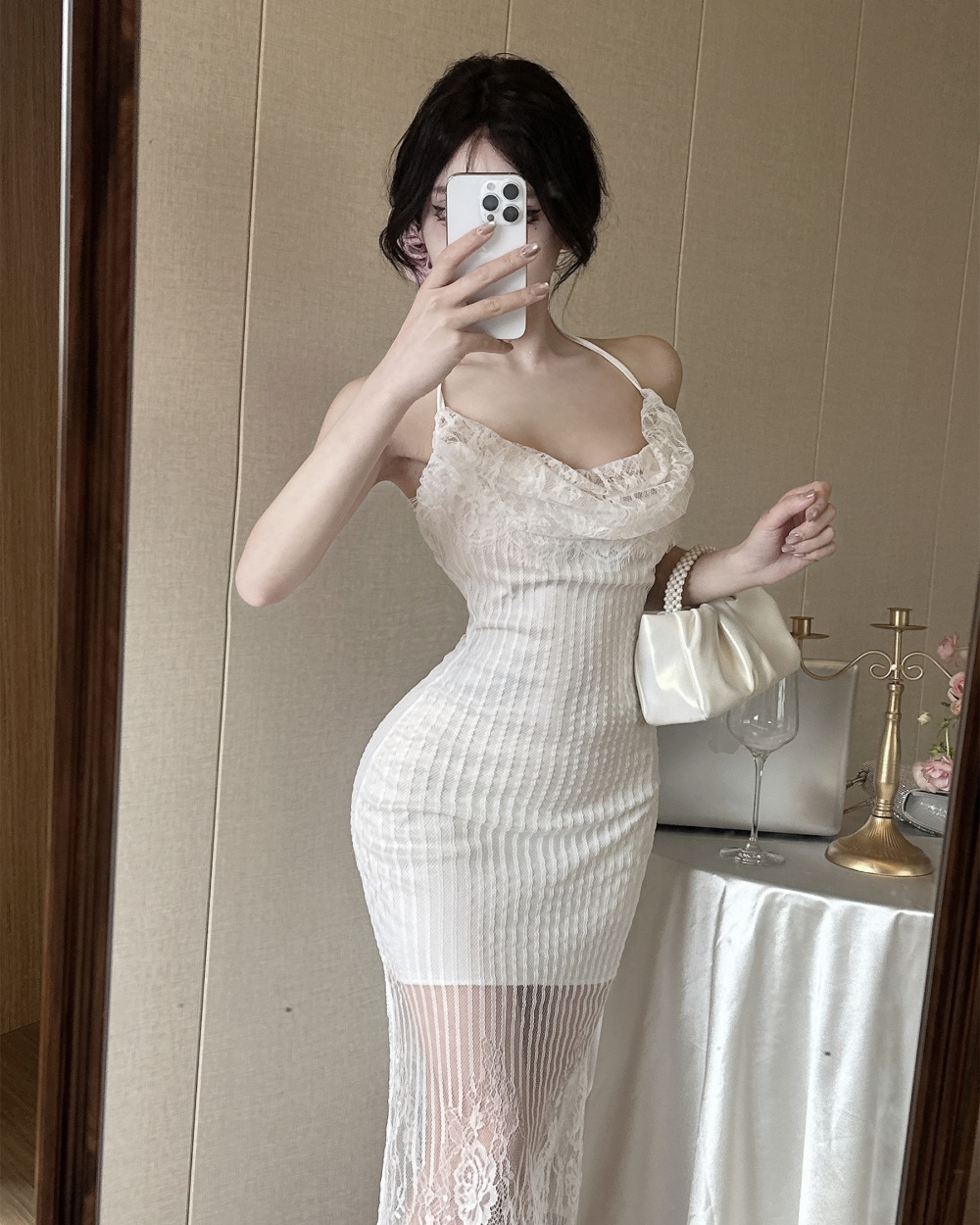 Lace sling sexy perspective long bottoming dress