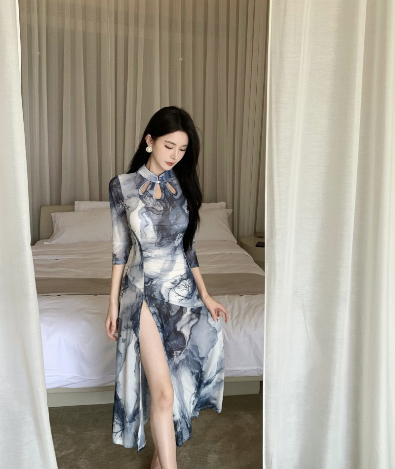 Printing split dress gauze Chinese style cheongsam