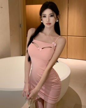 Hollow sling enticement slim pink sexy dress