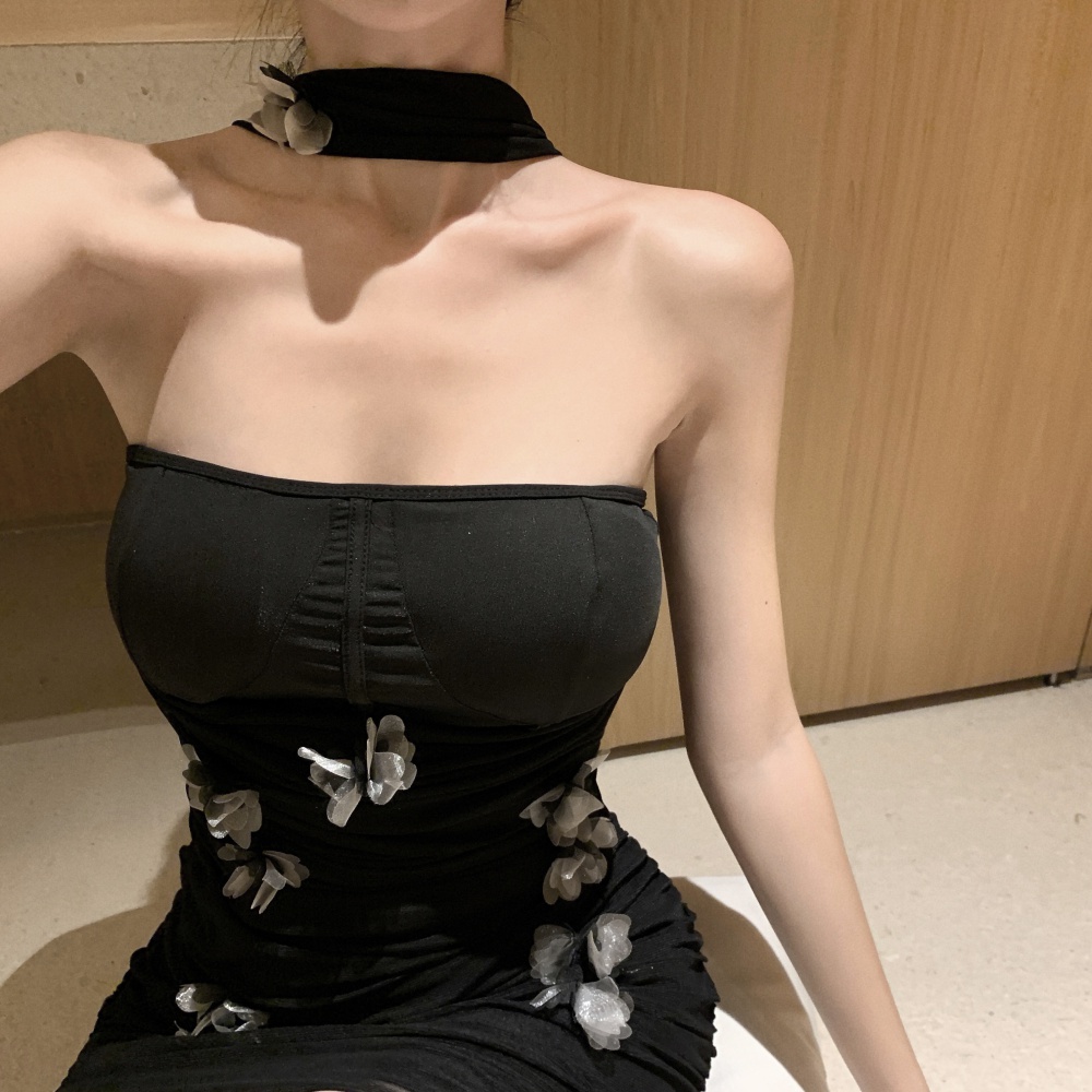 Wrapped chest gauze slim stereoscopic dress