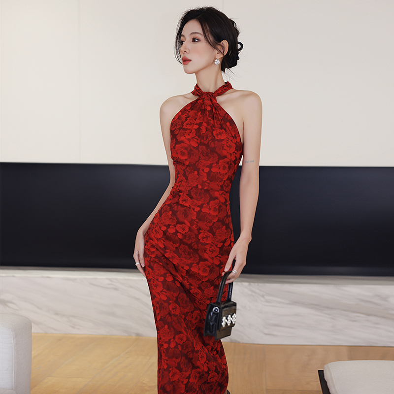Red halter package hip pinched waist long slim dress for women