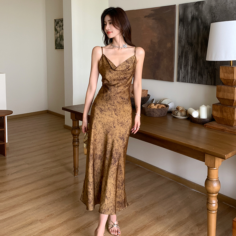 Microfold sling gold satin dress
