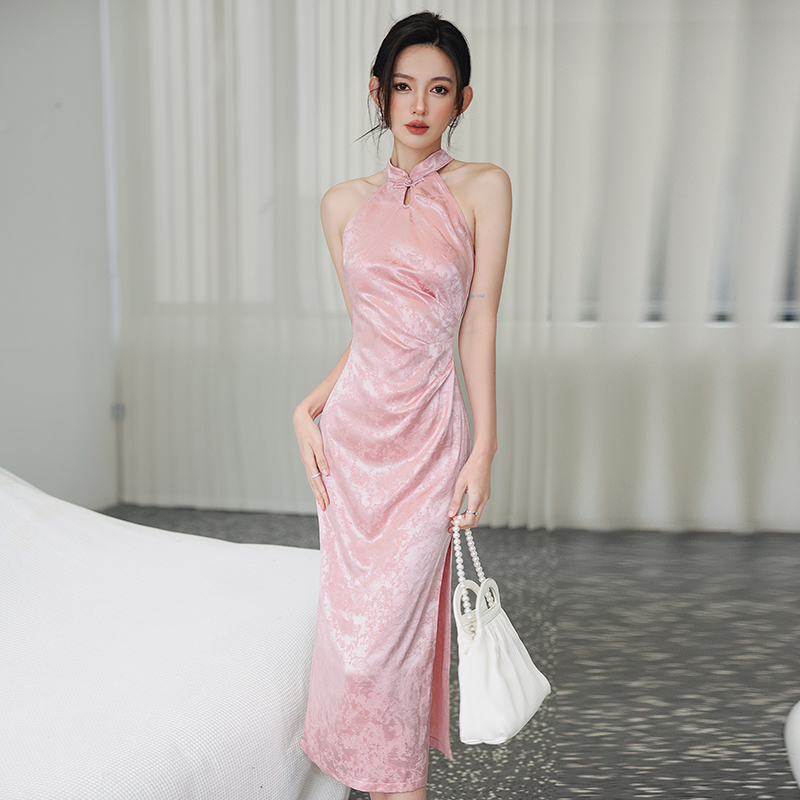 Pinch pleated Chinese style dress elegant halter cheongsam