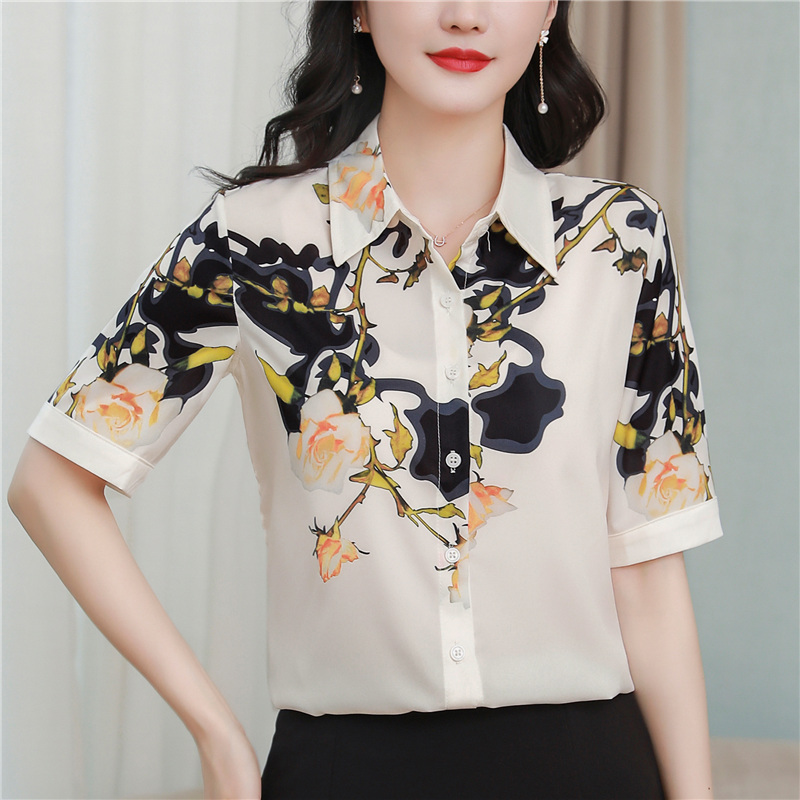 Real silk cstand collar shirt flowers silk tops for women