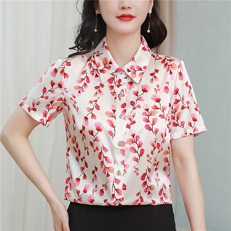 Silk middle-aged summer tops slim floral shirt for women