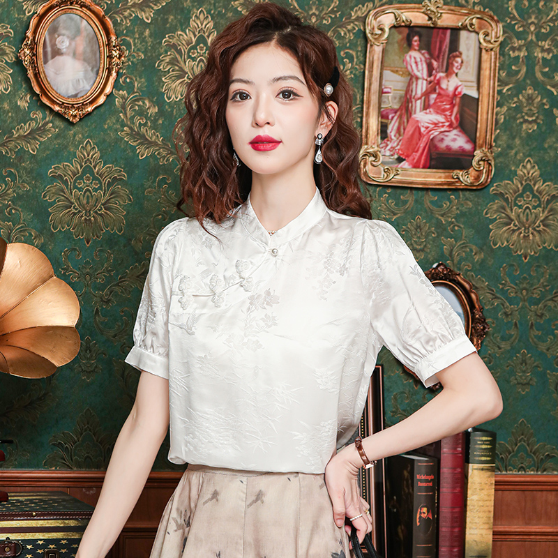 Real silk light tops white Chinese style shirt for women