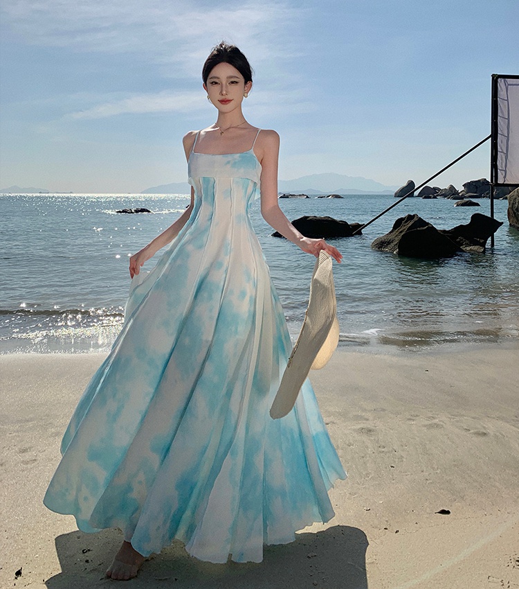 Vacation sling dress seaside big skirt beach dress