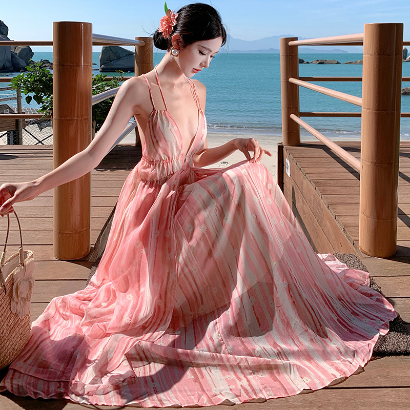 Pink vacation long dress halter dress for women