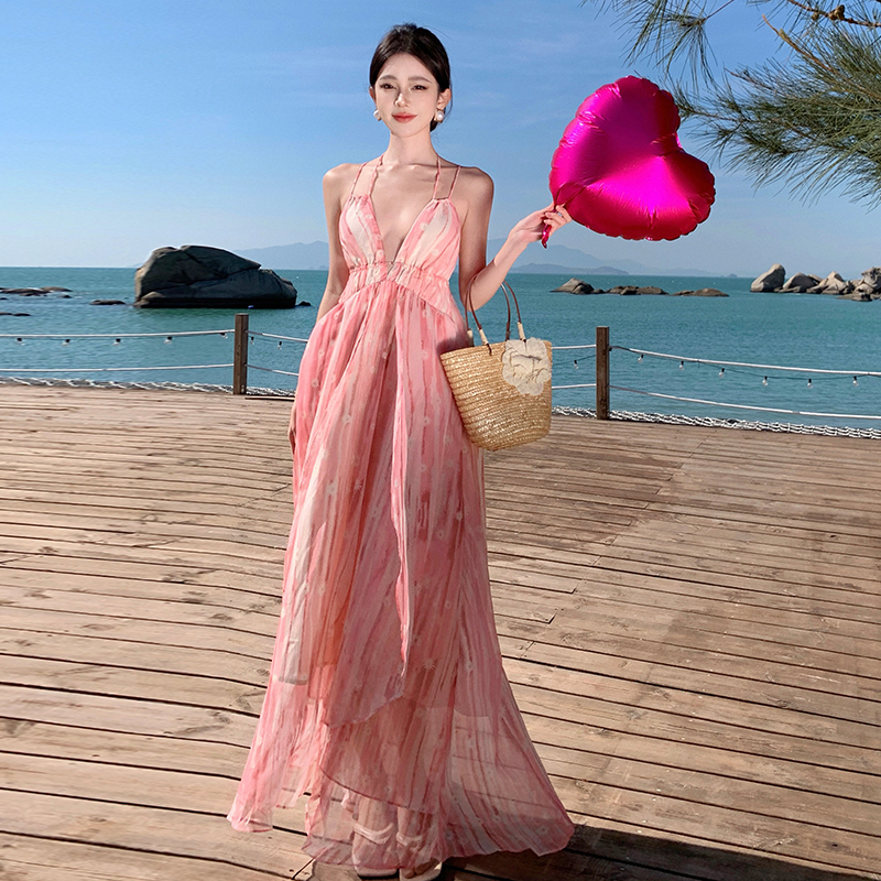 Pink vacation long dress halter dress for women