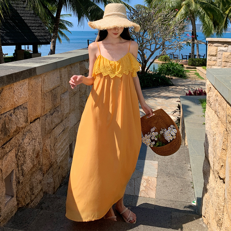 Sling sandy beach was white seaside vacation yellow dress