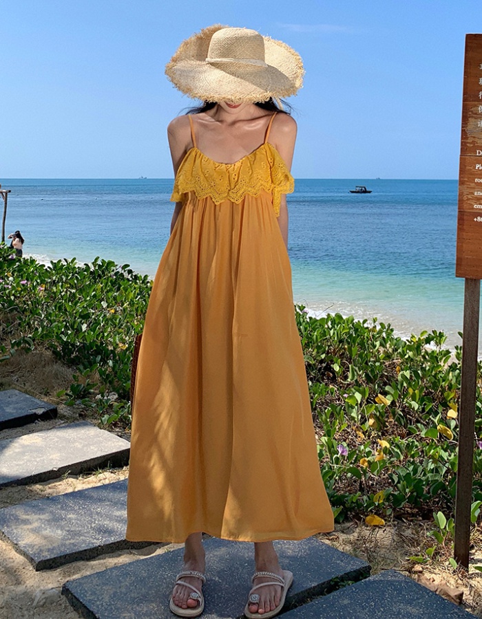 Sling sandy beach was white seaside vacation yellow dress