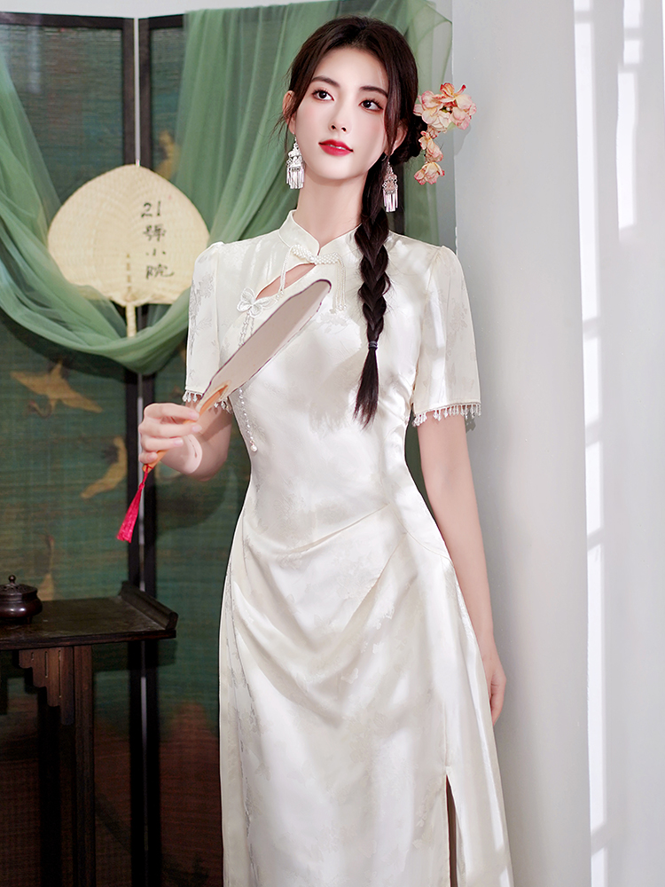 Chinese style jacquard cheongsam high slit dress