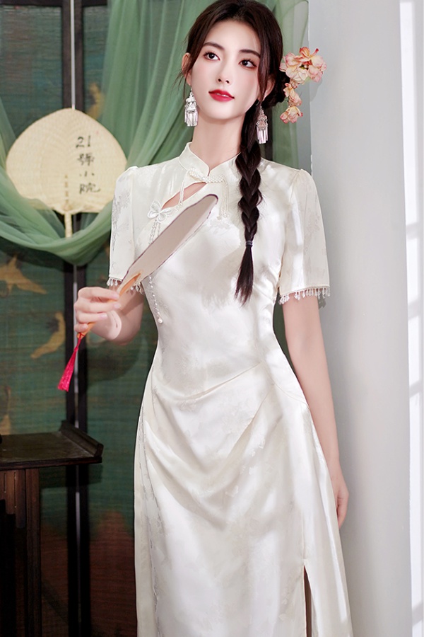 Chinese style jacquard cheongsam high slit dress