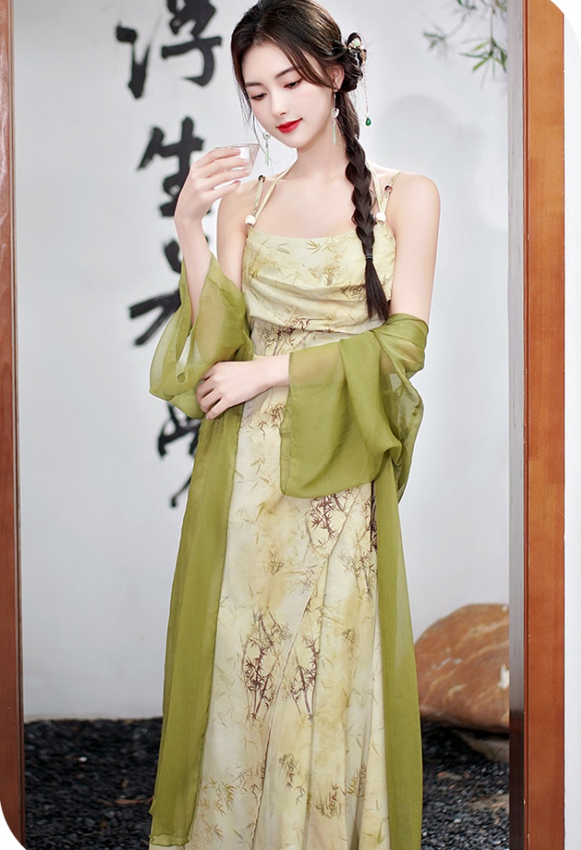 Sling slim long Chinese style summer retro dress 2pcs set