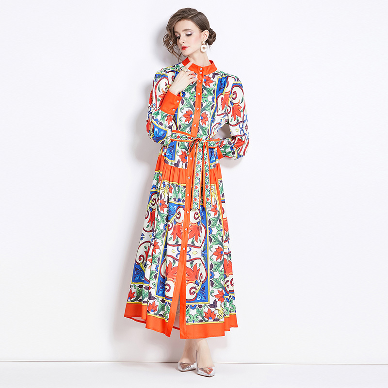 Single-breasted cstand collar printing fashion dress