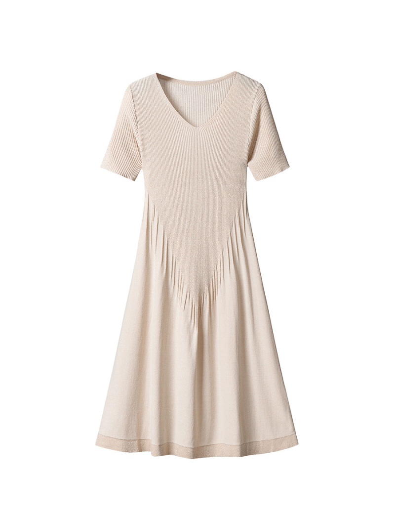 Knitted short sleeve summer V-neck A-line dress for women