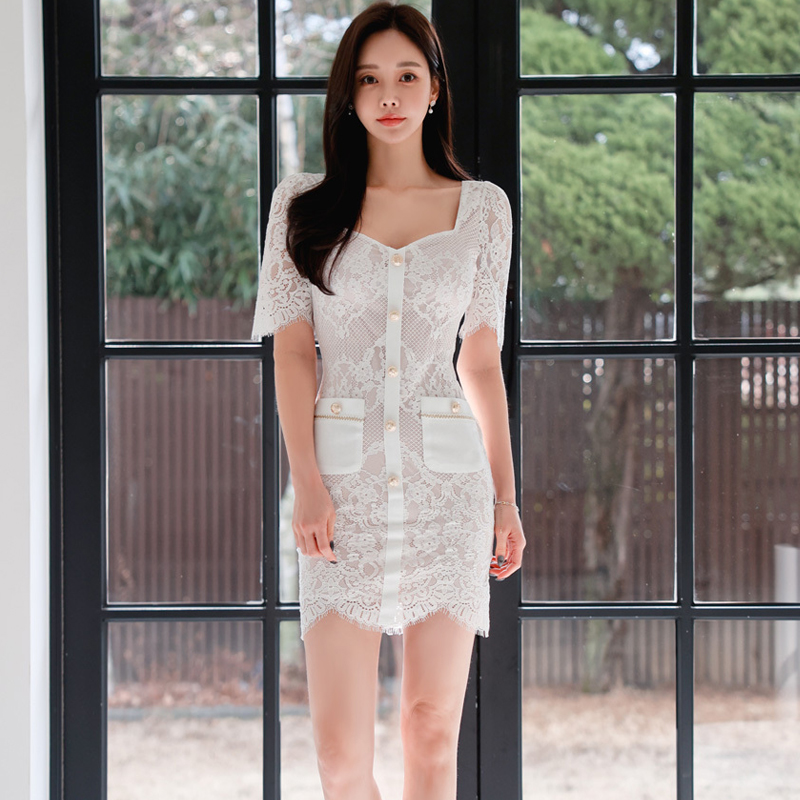 Short sleeve elegant T-back Korean style lady dress