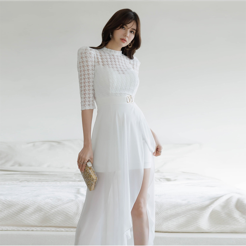 Half high collar wrapped chest summer lace dress