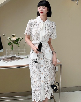 Temperament elegant France style lace lapel bow dress